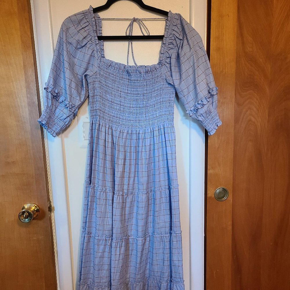 Hill House Home The Nesli Nap Dress - Light Blue Check Plaid Mid-Calf Length - S